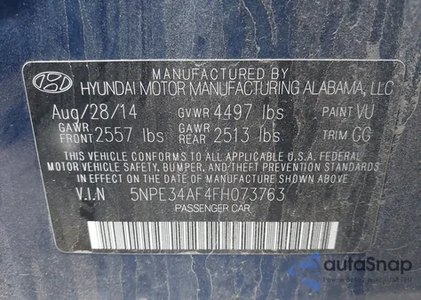 2015 Hyundai Sonata Sport из США, поврежденный, VIN 5NPE34AF4FH073763